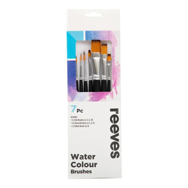 Reeves Water Colour Brush Set Gold Synthetic Short Handle 7pc (No. 2 4 6 Round; No. 2 6 10 Flat; No. 4 Filbert)