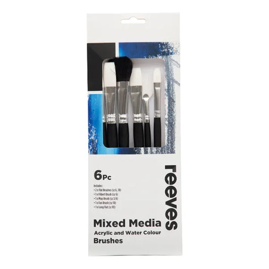 Reeves Mixed Media Short Handle 6pc (Pony Goat Mop 3/4, White Taklon Flat 6 & 10, Long Flat 10, Filbert 6, Fan 10)