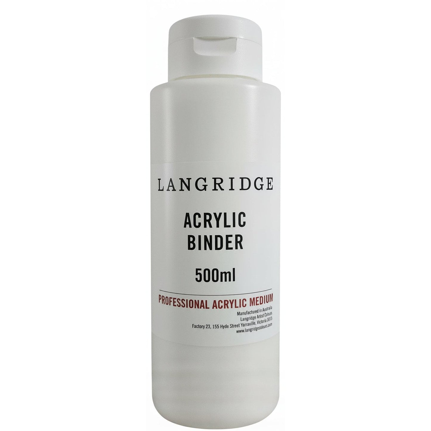 Bottle of Langridge Acrylic Binder with 500ml capacity on a white background