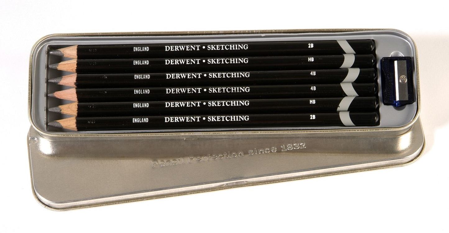 Derwent Sketching Graphite Pencils Tin 6 (2 Each Grade + Sharpener)