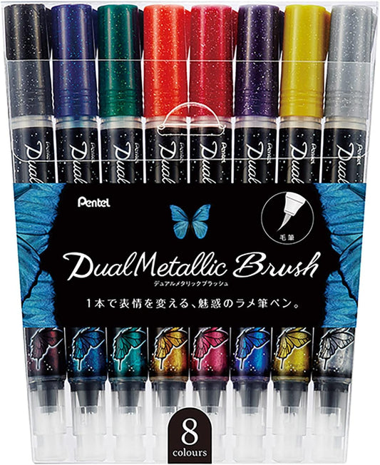 Pentel Dual Metallic Brush Wallet Set of 8