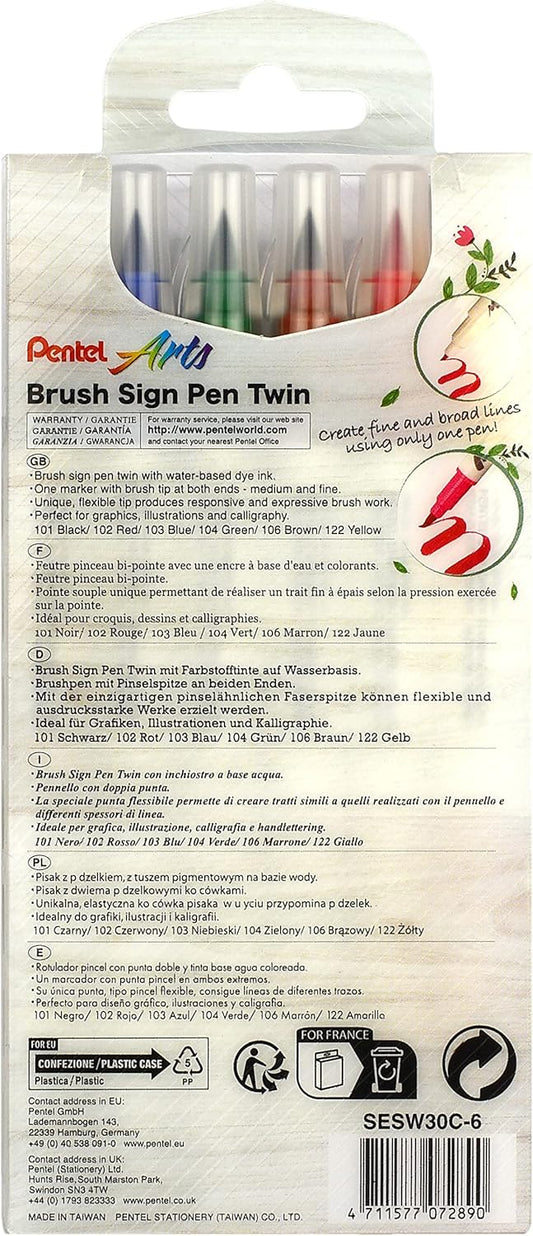 Pentel Arts Brush Sign Twin-tip Pen 6 Set