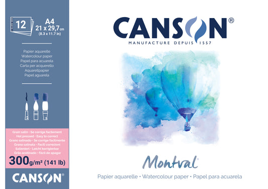 Canson Montval Watercolour Paper 300gsm Hot Press A4 12 Sheet Pad