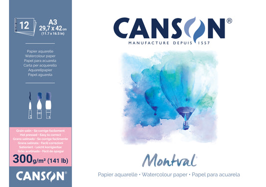 Canson Montval Watercolour Paper 300gsm Hot Press A3 12 Sheet Pad