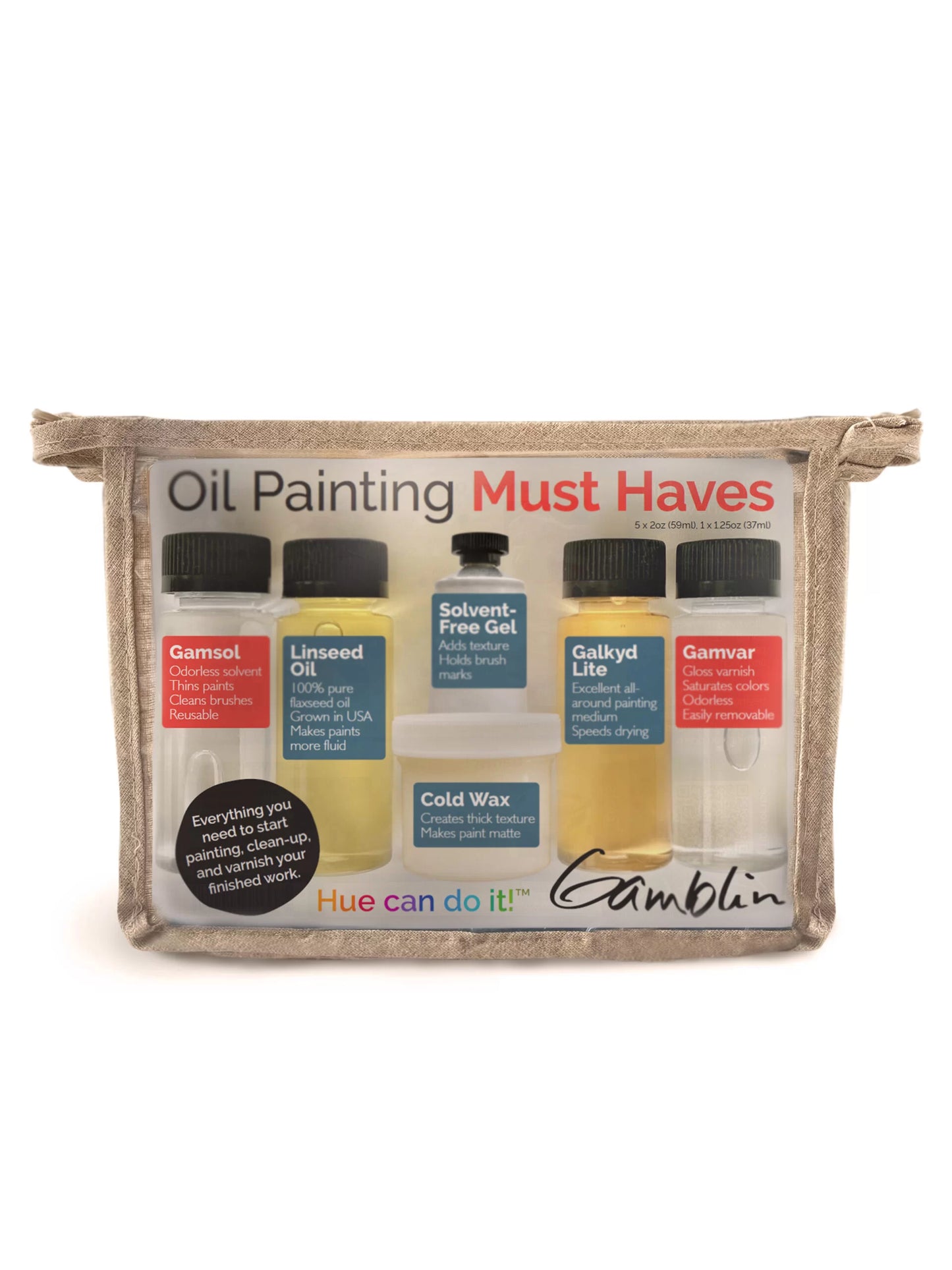 A Gamblin Oil Painting Must Haves set displayed in front of a white background, including various paint mediums and varnish in a transparent bag with a hemp fabric finish.