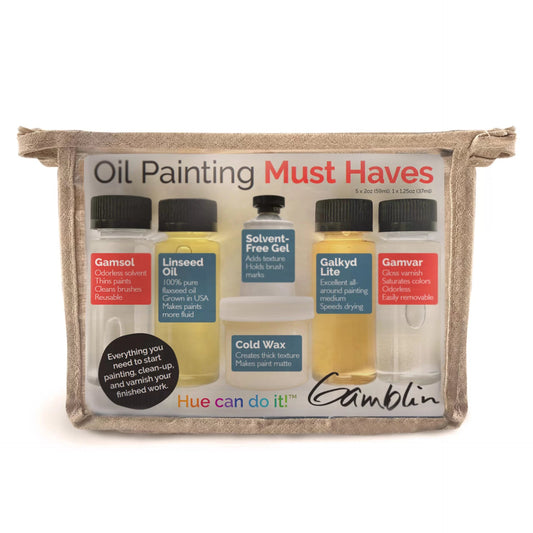 A Gamblin Oil Painting Must Haves set displayed in front of a white background, including various paint mediums and varnish in a transparent bag with a hemp fabric finish.
