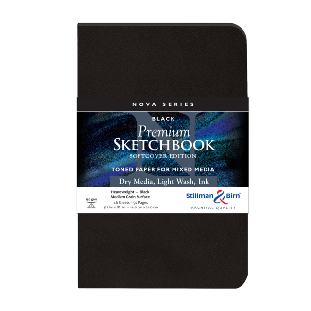 STILLMAN & BIRN NOVA SERIES SOFTCOVER SKETCHBOOK BLACK 150gsm 5.5x8.5 Inch PORTRAIT 46 sheets.
