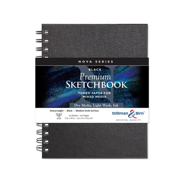 STILLMAN & BIRN NOVA SERIES WIREBOUND SKETCHBOOK BLACK PAPER 150gsm 6x8 Inch PORTRAIT 50 sheets.