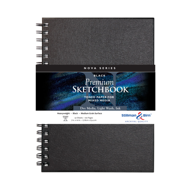 STILLMAN & BIRN NOVA SERIES WIREBOUND SKETCHBOOK BLACK PAPER 150gsm 7x10 Inch PORTRAIT 50 sheets.