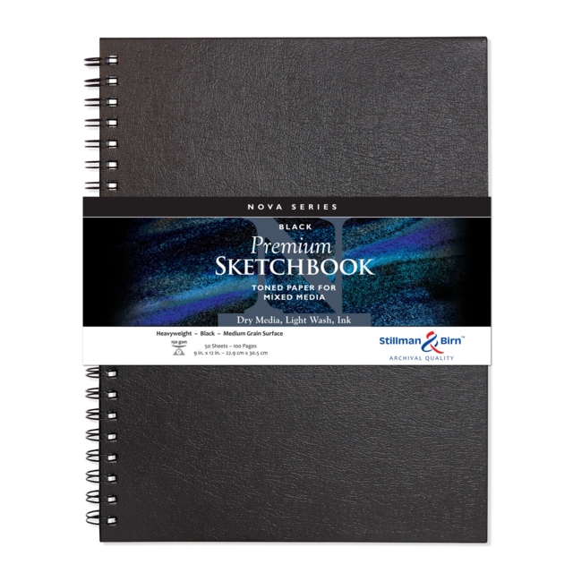 STILLMAN & BIRN NOVA SERIES WIREBOUND SKETCHBOOK BLACK PAPER 150gsm 9x12 Inch PORTRAIT 50 sheets.