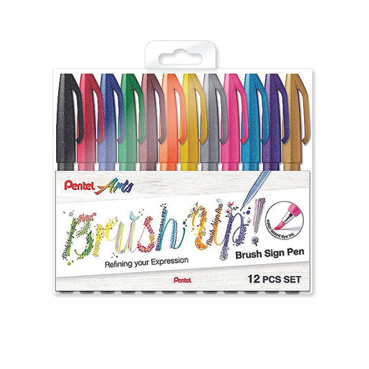 Pentel Brush Sign Pen Assorted Standard Colours 12 set