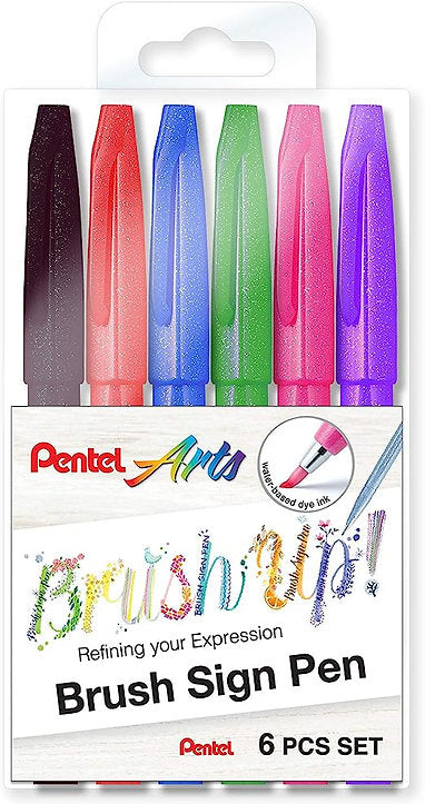 Pentel Brush Sign Pen Assorted Standard Colours 6 set