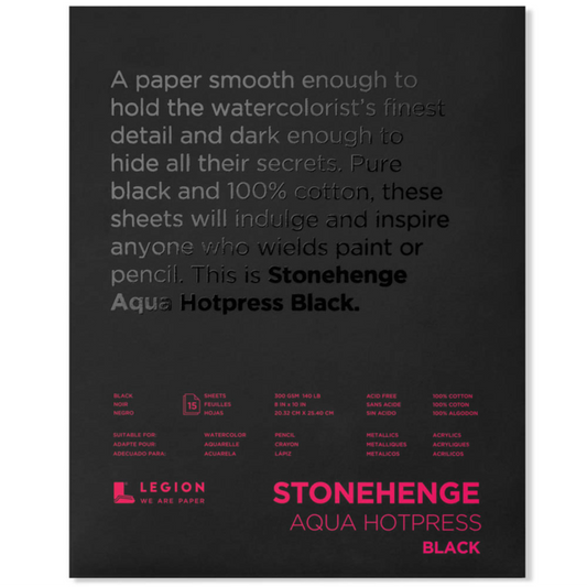STONEHENGE AQUA BLACK HOT PRESS WATERCOLOUR PAPER 300gsm 203x254mm (8x10 inch) PAD 15 SHEETS