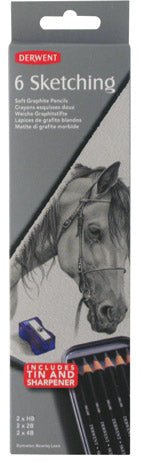 Derwent Sketching Graphite Pencils Tin 6 (2 Each Grade + Sharpener) - theartshop.com.au