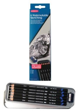Derwent Sketching Watersoluble Graphite Pencils Tin 6 (2 Each Grade + Sharpener) - theartshop.com.au