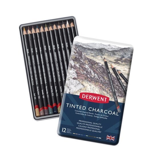 Derwent Tinted Charcoal Pencils Tin 12 - theartshop.com.au