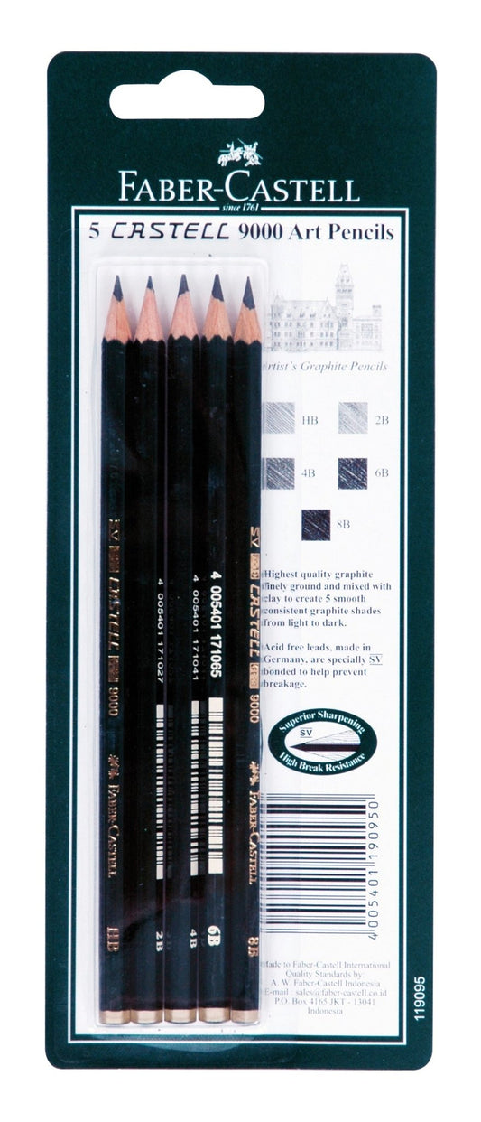 Faber Castell 9000 Graphite Pencils Card 5 (8B-HB) - theartshop.com.au