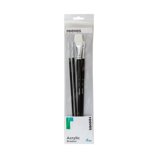 Reeves Acrylic Brush White Synthetic Short Handle Set Of 4 (No. 1 Flat; No. 1 Liner; No. 4 Round; No. 8 Flat) - theartshop.com.au