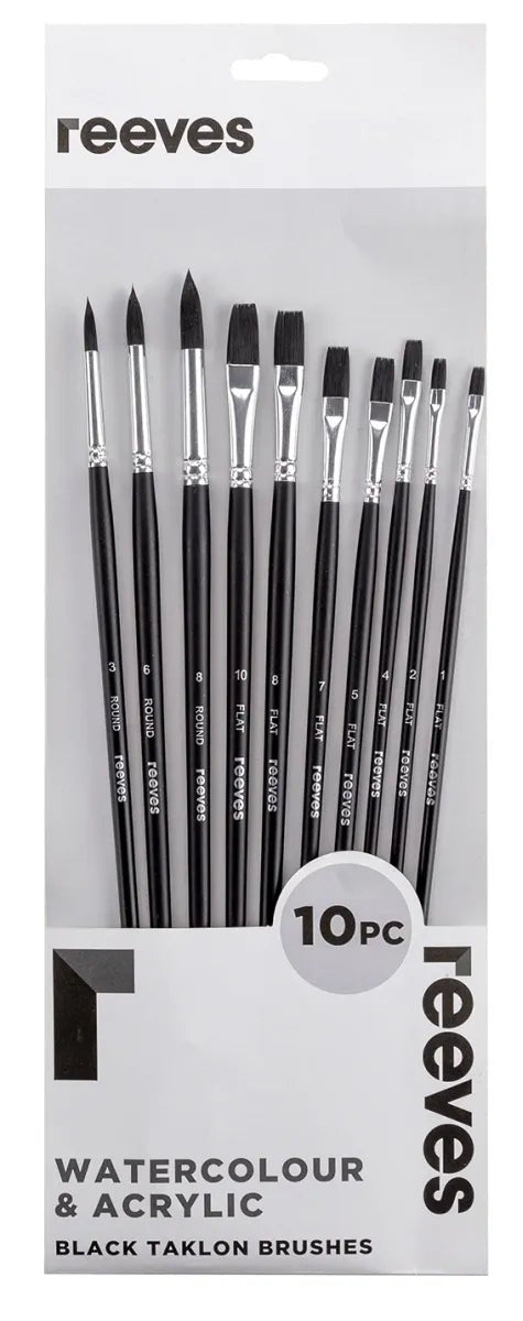 Reeves Black Taklon Long Handle Flat & Round Brush Set 10 - theartshop.com.au