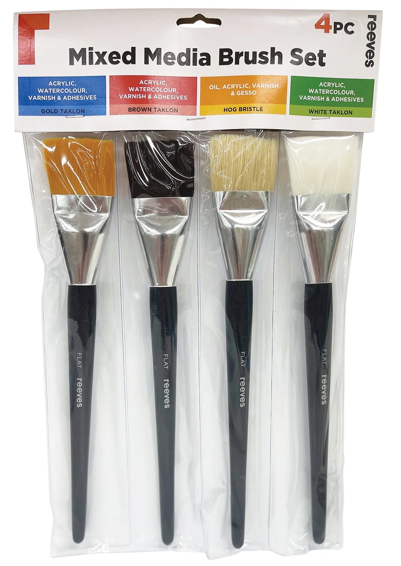 Reeves Mixed Media Short Handle Flat Set Of 4 - theartshop.com.au