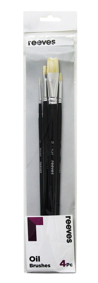 Reeves Oil Colour Brush Set Hog Bristle Long Handle 4pc (No. 1 Round; No. 4 10 Flat; No. 3 Filbert) - theartshop.com.au