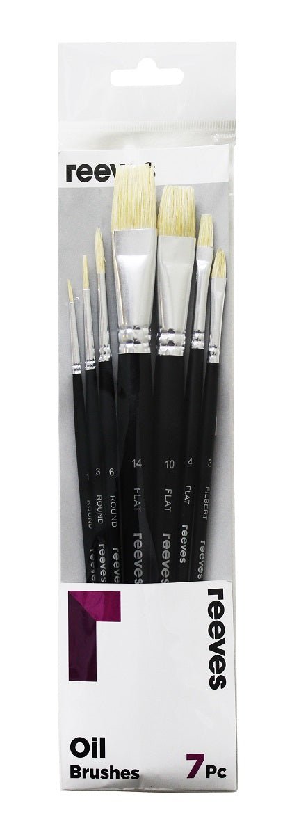 Reeves Oil Colour Brush Set Hog Bristle Short Handle 7pc (No. 1 3 6 Round; No. 4 10 14 Flat; No. 3 Filbert) - theartshop.com.au