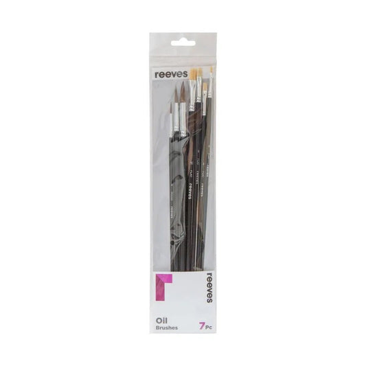 Reeves Oil Colour Brush Short Handle Set Of 7 (No. 4, 8 & 12 Round; No. 12 Flat; No. 6 Flat; No. 4 & 8 Flat) - theartshop.com.au