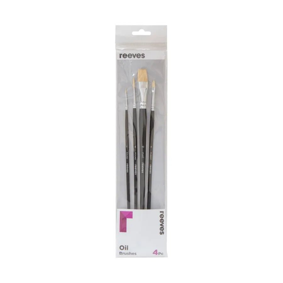 Reeves Oil Colour BrushShort Handle Set Of 4 (No. 4 Filbert; No. 10 Flat; No. 1 & 6 Round) - theartshop.com.au