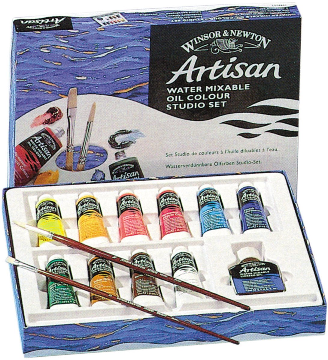 W & N Artisan Studio Set 10 x 37ml Tubes, 1 x 75ml Artisan Linseed Oil, Artisan Long Handle Flat 2 & 4 - theartshop.com.au