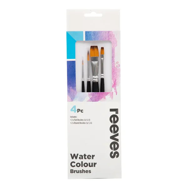 Reeves Water Colour Brush Set Gold Synthetic Short Handle 4pc (No. 1 6 Round; No. 4 8 Flat)