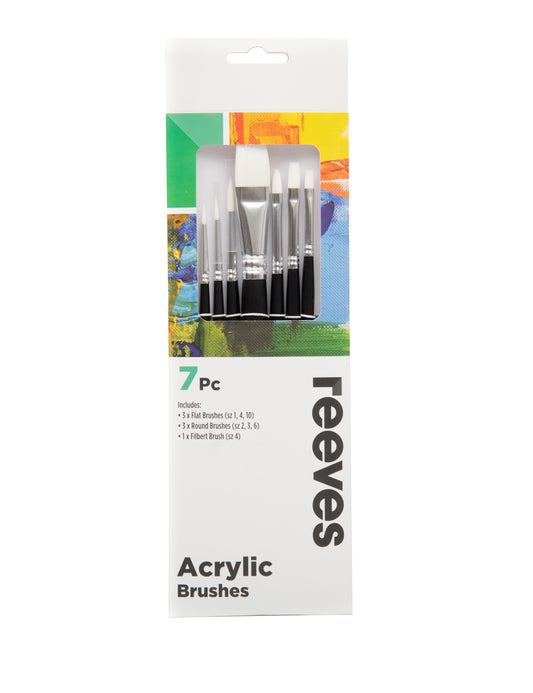 Reeves Acrylic Brush Set White Synthetic Short Handle 7pc (No. 2 3 6 Round; No. 1 4 10 Flat; No. 4 Filbert)