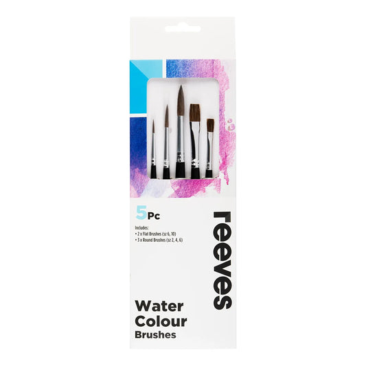 Reeves Water Colour Brush Short Handle Set Of 5 (No. 2, 4 & 6 Round; No. 6 & 10 Flat)