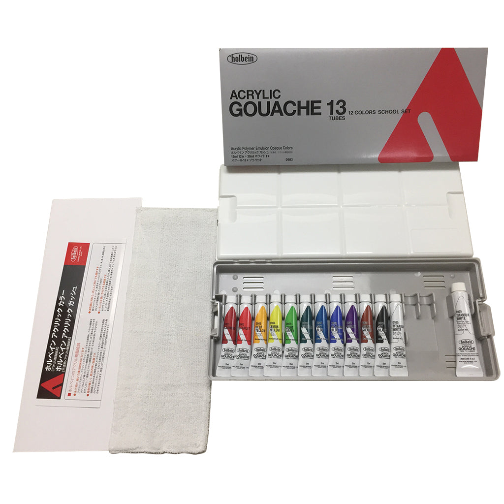 Holbein Acryla Gouache 13 Set 12 x 12ml Colours + 20ml White with Palette