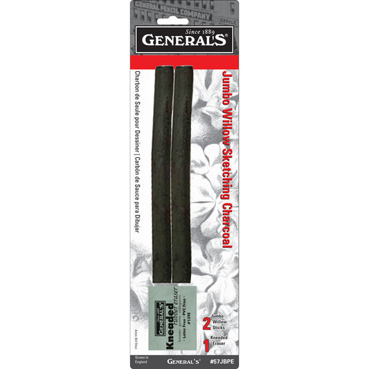 Generals Jumbo Willow Charcoal 2 Sticks & Eraser - 57JBPE