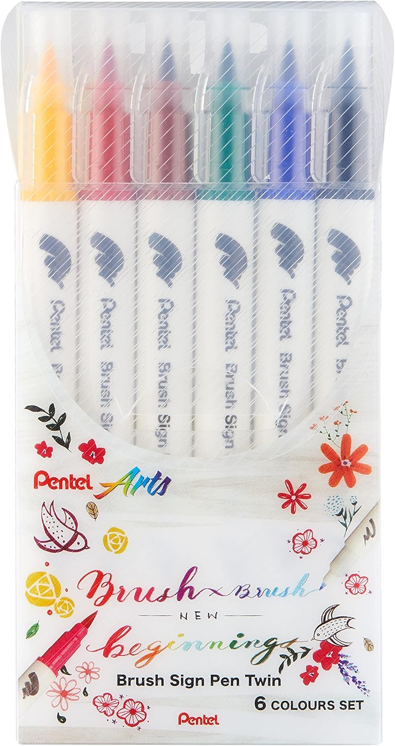 Pentel Arts Brush Sign Twin-tip Pen 6 Set