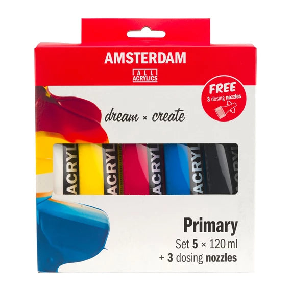 Amsterdam Acrylic Paint Primary Set 5 x 120ml Pack + Nozzles