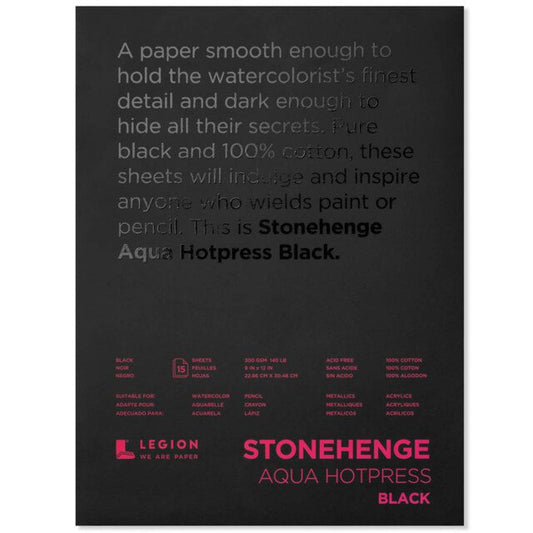 STONEHENGE AQUA BLACK HOT PRESS WATERCOLOUR PAPER 300gsm 229x305mm (9x12 inch) PAD 15 SHEETS