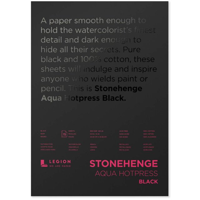 STONEHENGE AQUA BLACK HOT PRESS WATERCOLOUR PAPER 300gsm 254x356mm (10x14 inch) PAD 15 SHEETS