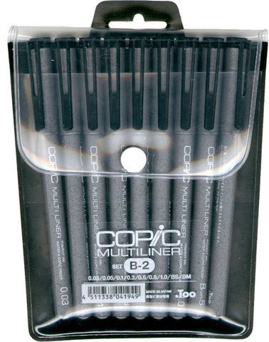 Copic Multiliner Set 9 Black 0.03, 0.05, 0.1, 0.3, 0.5, 0.8, 1.0mm, BS, BM - theartshop.com.au