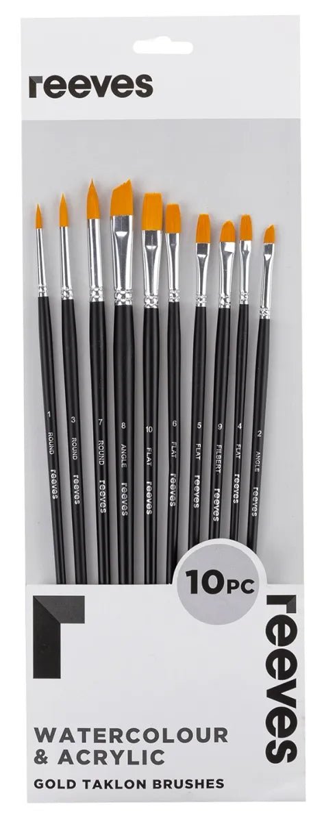 Gold Taklon Long Handle Flat, Round, Filbert & Angle Brush Set 10 - theartshop.com.au