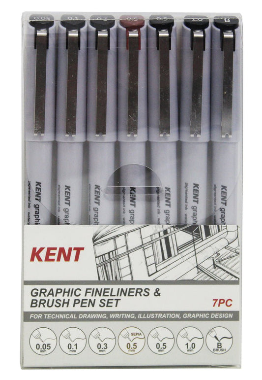 Kent Graphic Fineliner & Brush Pen Set 7PC (0.05; 0.1; 0.3; 0.5; 0.5 (Sepia); 1.0mm & Brush Pen) - theartshop.com.au