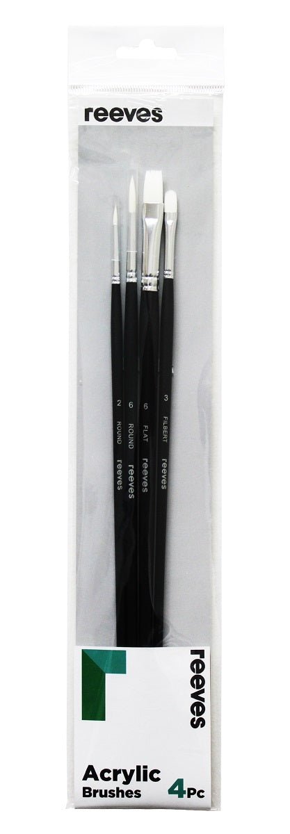 Reeves Acrylic Brush Set White Synthetic Long Handle 4pc (No. 2 6 Round; No. 6 Flat; No. 3 Filbert) - theartshop.com.au
