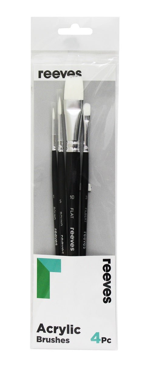 Reeves Acrylic Brush Set White Synthetic Short Handle 4pc (No. 1 5 Round; No. 10 Flat; No. 3 Filbert) - theartshop.com.au