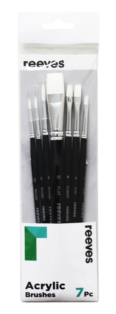 Reeves Acrylic Brush Set White Synthetic Short Handle 7pc (No. 2 3 6 Round; No. 1 4 10 Flat; No. 4 Filbert) - theartshop.com.au