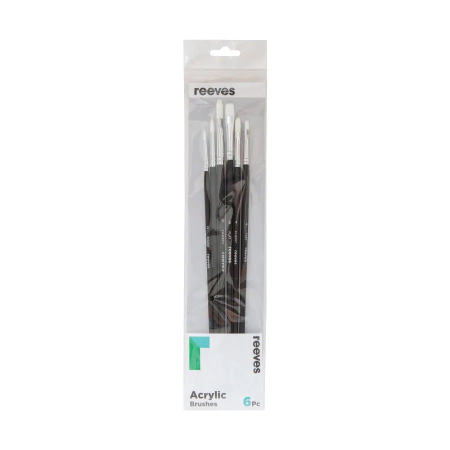 Reeves Acrylic Brush White Synthetic Long Handle Set Of 6 (No. 2 & 6 Round; No. 4 & 8 Flat; No. 4 & 10 Filbert) - theartshop.com.au