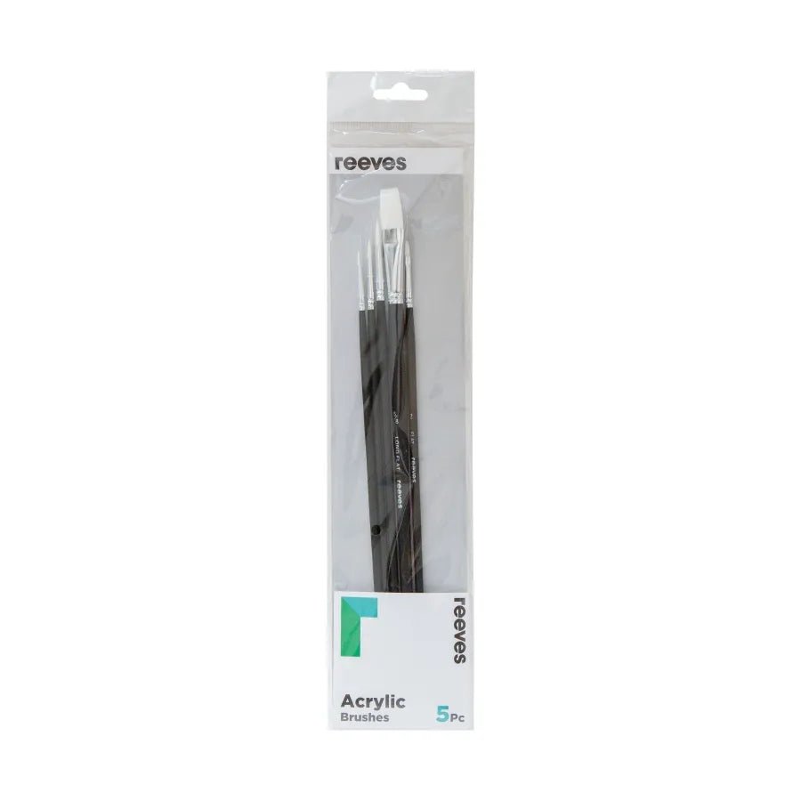 Reeves Acrylic Brush White Synthetic Short Handle Set Of 5 (No. 5/8 Flat; No. 1, 3 & 5 Round; No. 2 Flat) - theartshop.com.au