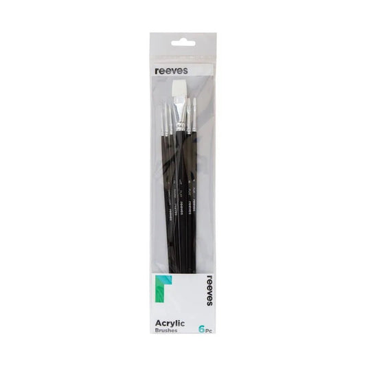 Reeves Acrylic Brush White Synthetic Short Handle Set Of 6 (No. 3/0, 1 2, & 4 Round; No. 4, 6 3/4" Flat) - theartshop.com.au