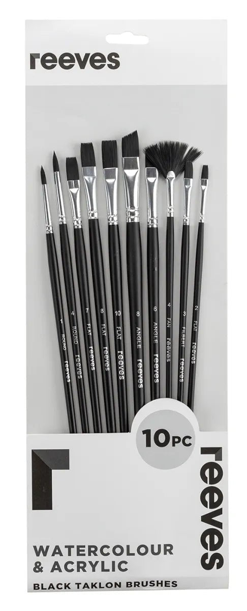 Reeves Black Taklon Long Handle Flat, Round, Filbert, Angle & Fan Brush Set 10 - theartshop.com.au