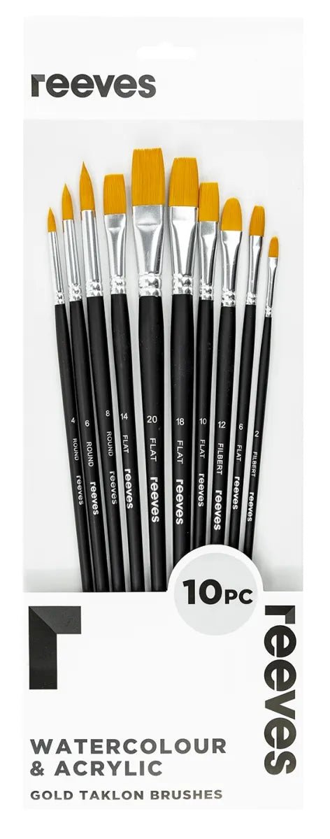 Reeves Gold Taklon Long Handle Flat, Round & Filbert Brush Set 10 - theartshop.com.au