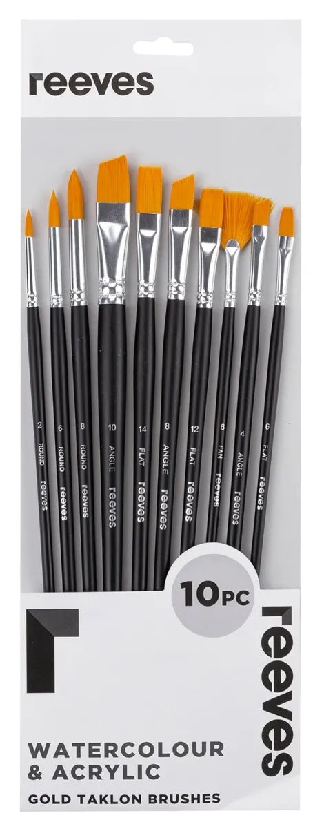 Reeves Gold Taklon Long Handle Round, Angle & Fan Brush Set 10 - theartshop.com.au